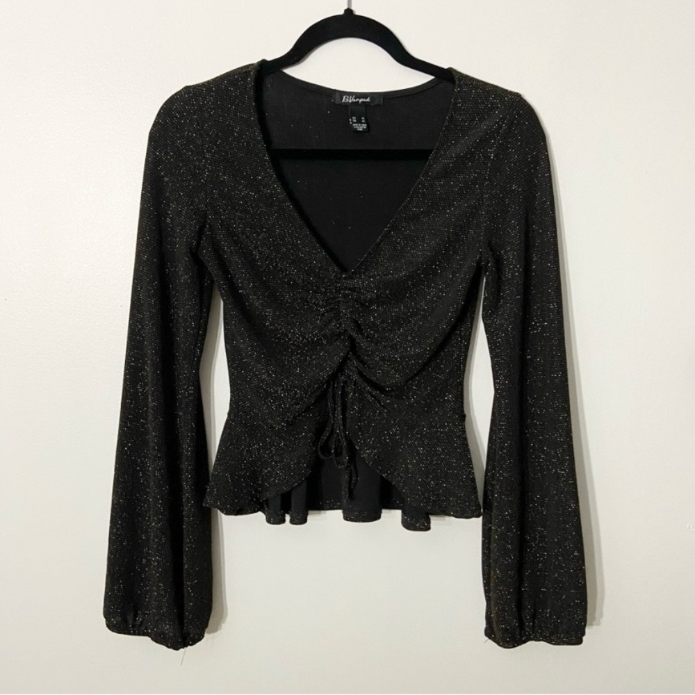 Black Sparkly Cropped V-Neck Long Sleeve Top